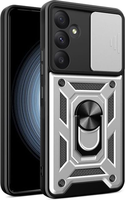 MobyDefend Hoesje - Geschikt voor Samsung Galaxy A35 - Pantsercase Met Draaibare Ring - Zilvergrijs