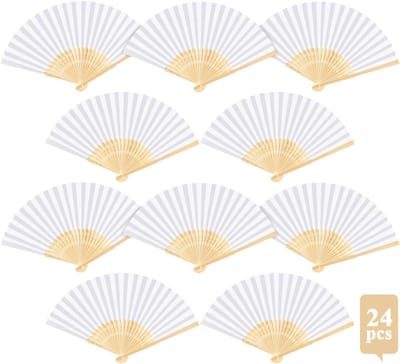 24 stuks handwaaiers, witte papieren waaiers, bruiloftswaaiers, opvouwbare zakwaaiers, opvouwbare waaiers, opvouwbare waaiers, gastencadeau voor bruiloft, feest, verjaardag, doe-het-zelf en wanddecoratie
