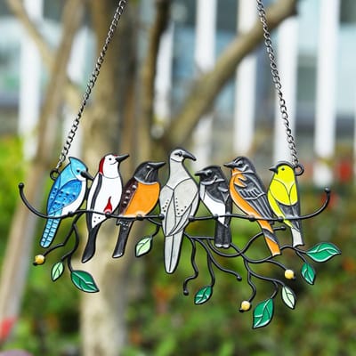 Dailygoods- Raamhanger Gebrandschilderd Glas - Decoratieve Vogelbedel - Metalen Hanger - Roestbestendig - Voor Tuin/Ramen - Afmetingen 19 x 11 cm / 19 x 13,5 cm - Decoratie
