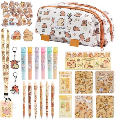 Kawaii Etui voor Jongens en Meisjes, 67-delige Stationery Set met Sleutelhanger, 3 Compartimenten en Wistbare Stiften, Perfect voor School en Creatieve Projecten