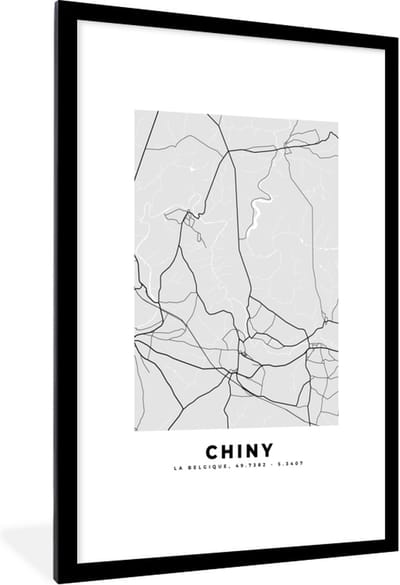 Fotolijst incl. Poster Zwart Wit- Stadskaart – Plattegrond – België – Zwart Wit – Chiny – Kaart - 80x120 cm - Posterlijst