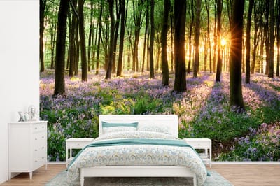 Behang - Fotobehang Bos - Bloemen - Lavendel - Zon - Paars - Natuur - Breedte 330 cm x hoogte 220 cm