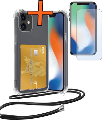 Hoesje Geschikt voor iPhone 12 Hoesje Met Telefoonketting Pasjeshouder Shockproof Case Met Screenprotector Koord - Hoesje Geschikt voor iPhone 12 Hoes Met Kaarthouder - Transparant