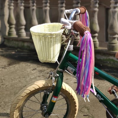 Mandje kinderfiets loopfiets - gevlochten kunststof rotan riet - accessoires set - wit - fietsbel - stickers - stuurslingers