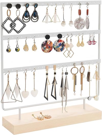 Earring Organizer met 60 Gaten, 3 Laags Sieradenstandaard, Houten Basis voor het Hangend Opslaan van Oorbellen en Sieraden