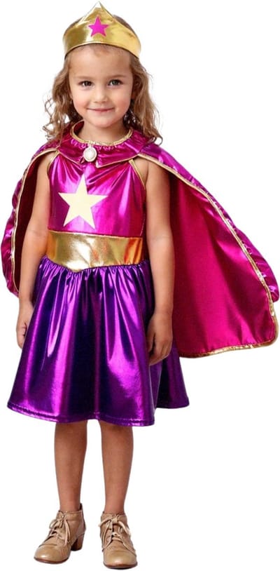 Joya Kids® Metallic Verkleedjurk met cape en kroon Roze & Paars | Prinsessencape | Cape Set | Superheldin Ster jurk met cape | Super Jurk | Prinses | Meisje Verkleedset | Carnvalskleding Meisjes | Met Kroon & cape | Maat 130
