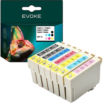 Evoke Compatibele Inkt voor Epson T0801 T0802 T0803 T0804 T0805 T0806 80XL 7X:2X Zwart+Cyaan+Magenta+Geel+Lichtcyaan+Lichtmagenta 100 ml 3350 Pagina's Stylus Photo P50, Px650 660 700W 710W 720Wd 730Wd