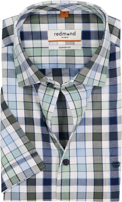Redmond comfort fit overhemd - korte mouw - chambray - blauw met wit en groen geruit - Strijkvriendelijk - Boordmaat: 39 - 40