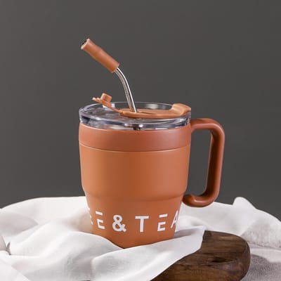 Tasse à café Réveil Anse Tasse à paille Tasse à café en acier inoxydable Tasse thermos Tasses à eau pour hommes et femmes Tasses de bureau 480ml