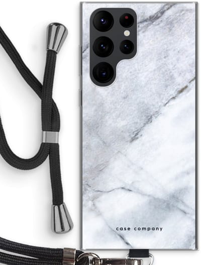 Hoesje met koord geschikt voor Samsung Galaxy S22 Ultra hoesje met Koord - Witte marmer - Telefoonhoesje met Zwart Koord - Bescherming aan alle Kanten en Over de Schermrand