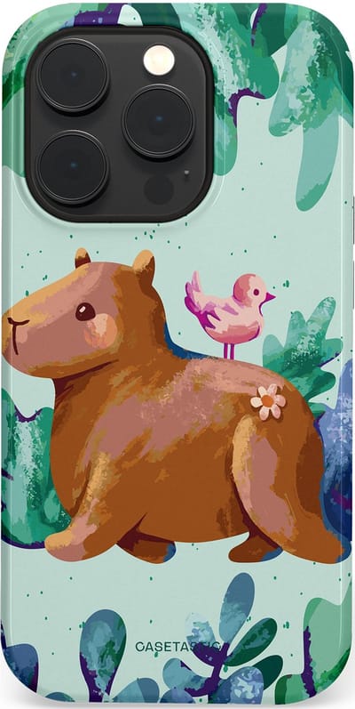 Casetastic Hoesje Geschikt voor Apple iPhone 14 Pro Magsafe - Stijlvolle Beschermende Duo-layer Case - Capibara Vogeltjes Vriend