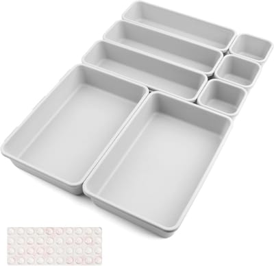 8-delige plastic lade-organizer set voor make-up, sieraden en gadgets in lichtgrijs - Ideaal voor badkamer, slaapkamer en kantoor met 3 verschillende maten