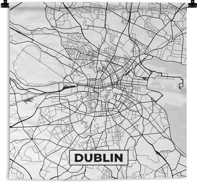 Wandkleed - Wanddoek - Kaart - Dublin - Stadskaart - Zwart Wit - Plattegrond - 180x180 cm - Wandtapijt