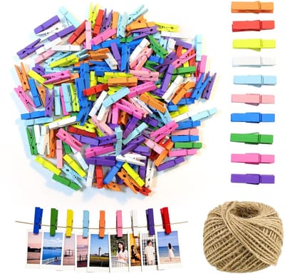 Dailygoods- Mini-houten Klemmen 200 Stuks - Kleine Wasknijpers - Jute Koord 30 m - Kleurrijke Fotoclipset - Robuust Hout - Veilig en Aangenaam Werken