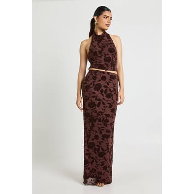 boohoo Dames Bloemen Devore Maxi Rok | Chocolate | Maat: 6