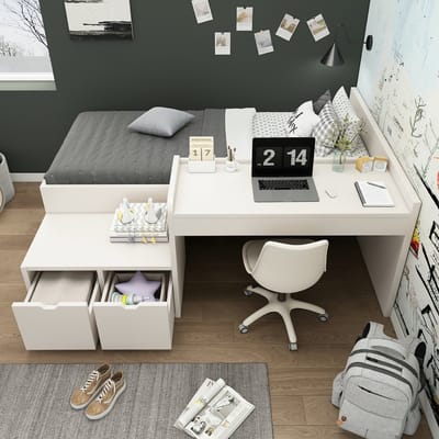 VVBV Kinderbed 90x200 cm - Opbergruimte, Lades, Bureau, Lattenbodem, Voor Kinderen/Tieners - Hout Wit - Zonder Matras