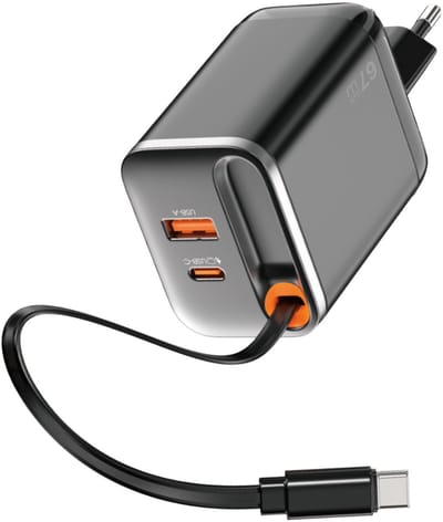 WiWU Tweepoorts Oplader Helix 67W snellader – Inclusief intrekbare kabel 70cm – Zwart