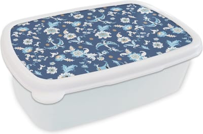 Broodtrommel Wit - Lunchbox - Brooddoos - Patroon - Vogel - Bloemen - 18x12x6 cm - Volwassenen