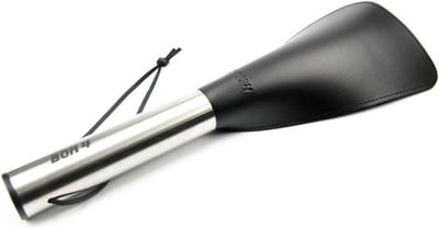 BON4 - Korte lederen paddle met roestvrijstalen handvat - Zwart/Zilver