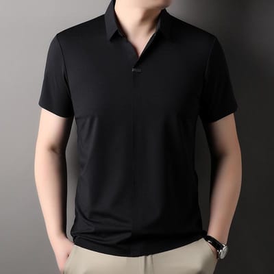 Nouvel Été Homme Polo à Manches Courtes Sans Coutures pour Jeunes et Personnes d'Âge Moyen, T-shirt Couleur Unie Stretch Col en V Style Coréen Tendance 3XL