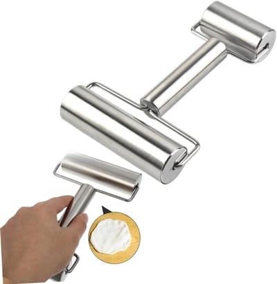 1 stuk Dubbelzijdige roestvrijstalen deegroller - antiaanbaklaag en gemakkelijk schoon te maken - deegroller voor pizzadeeg - deegroller voor brood en gebak - 11*3,2*18 cm - voor thuisbakken, pizza, brood en gebak - zilverkleurig