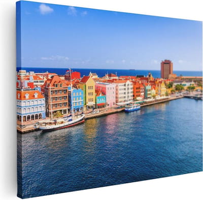 Artaza Canvas Schilderij Willemstad - 40x30 cm - Klein - Wanddecoratie Curacao - Muurdecoratie Kleurrijke Gevels - Schilderijen Op Canvas Haven