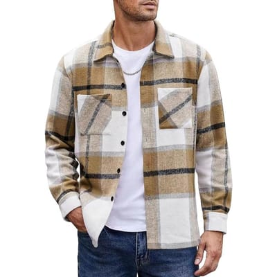 Mannen Herfst Winter Plaid Print Shirt Jas Revers Lange Mouw Zak Shirt Jas Loose Fit Single Breasted Verdikte Shirt Uitloper M kaki
