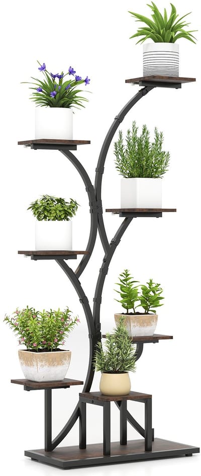 COSTWAY Plantenstandaard met groeilampen, 8 verdiepingen tellend plantenrek, bloemenstandaard voor binnen, bloementrap van metaal hout, bloemenrek voor binnen, tuin, balkon, 67 x 30 x 146 cm