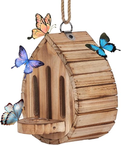 Insectenhotel-vlinderhuis-insectenhotel bouwpakket-vlinderhuis - Houten vlinderhuis - Uitgerust met voederbakjes, hangende tuindecoratie - Natuurlijke nestkastjes voor vlinders, insecten en gaasvliegen - 9x13x18,5 cm