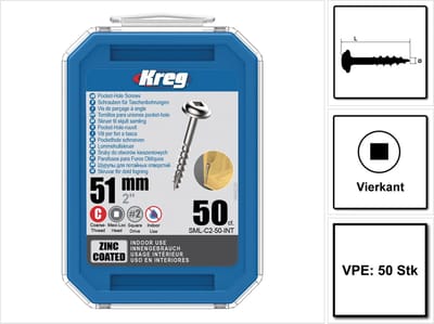 KREG Pocket-Hole lenskopschroef 51 mm 50 stuks ( SML-C2-50 ) Vierkante aandrijving Gedeeltelijke schroefdraad Grove schroefdraad Zelfsnijdend Verzinkt