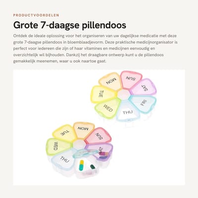 Dailygoods- Pillendoos 7 dagen - Pillendoos grote vakken - Pillendoosjes 7 dagen - Medicijnorganisator - Draagbare container - Bloemblaadjevormige vorm - Medicijnbox