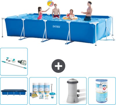 Intex Rechthoekig Frame Zwembad - 450 x 220 x 84 cm - Blauw - Inclusief Afdekzeil - Onderhoudspakket - Zwembadfilterpomp - Filter - Stofzuiger - 6-delig