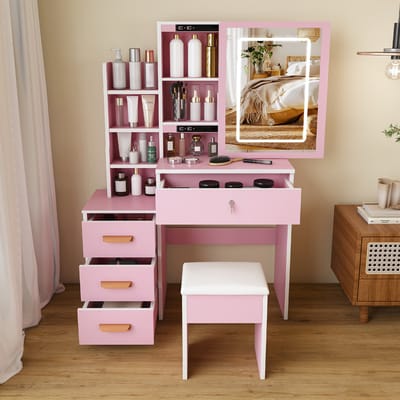 HAUSS SPOLE Kaptafel - Met Verlichte Spiegel En Kruk - 4 Lades En Veel Opbergruimte - Voor Slaapkamer - MDF - Roze