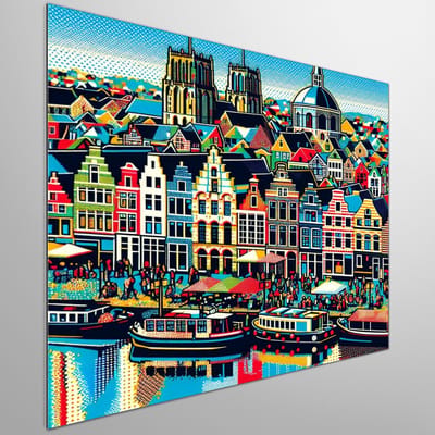 Pop art groningen schilderij | Gronings Pop Art: Een levendige ode aan de stad | Kunst - 80x80 centimeter op Dibond | Foto op Dibond