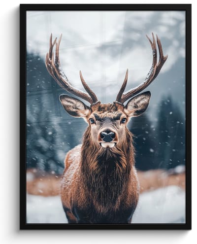 Poster in lijst - Fotolijst 50x70 cm - Posters - Hert - Dieren - Landschap - Winter - Sneeuw - Posterlijst zwart - Decoratie - Wanddecoratie woonkamer - Muurdecoratie slaapkamer