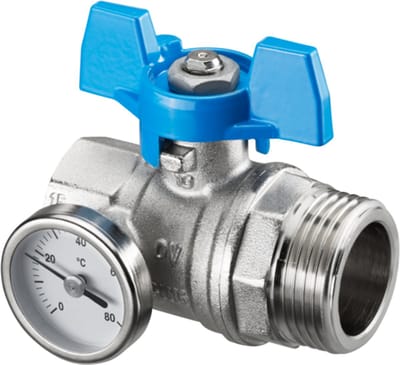 OVENTROP Kogelkraan vlakdichtend, blauw, met thermometer, voor Multidis SH/SF/SFQ verwarmingscircuitverdeler, DN 25, 1406584