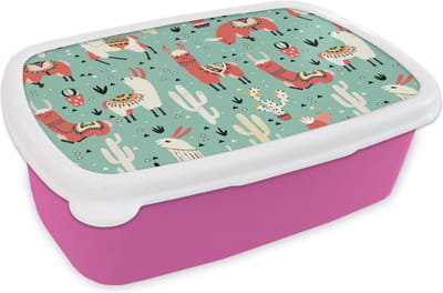 Broodtrommel Roze - Lunchbox - Brooddoos - Lama - Patronen - Cactus - 18x12x6 cm - Kinderen - Meisje