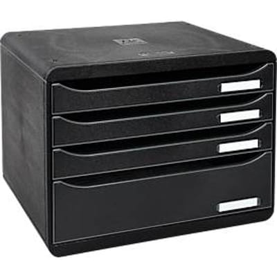 Ladebox BIG-BOX PLUS HORIZON QUER, A4+, 4 halfopen laden met uittrekstop, verzonken greep & etikethouder, etiketten, Blue Angel, zwart