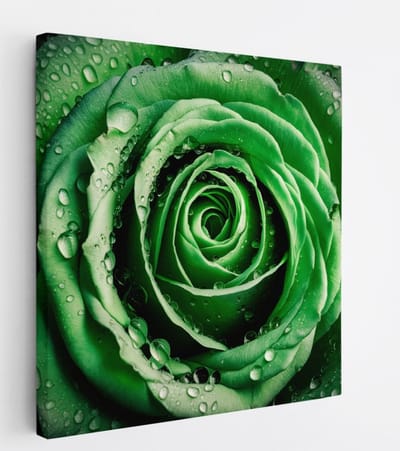 Saammp Canvas Schilderij - Groene Roos - Waterdruppels - Natuur - Abstract - 20x20 - Foto op canvas - Wanddecoratie - Muurdecoratie Woonkamer - Kantoor Decoratie