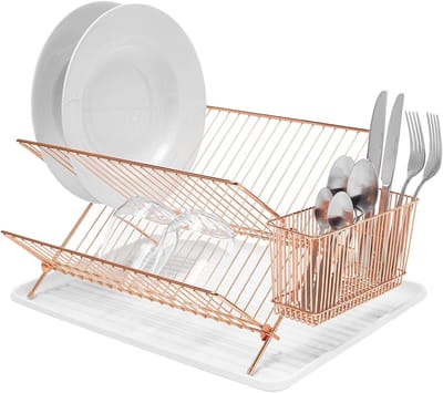 SnelShoppen - Vouwbare afwasrek voor borden - 2-laags bordendroger met bestekhouder - Koper - Ruimtebesparend en slim design voor keuken