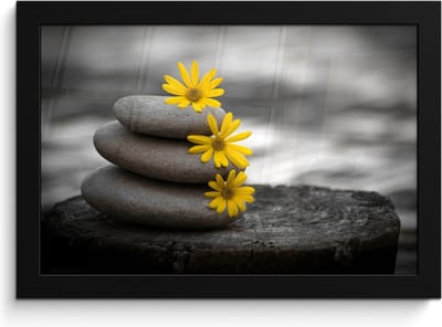 Poster in lijst - Fotolijst 30x20 cm - Posters - Zen stenen - Bloemen - Geel - Natuur - Posterlijst zwart - Wanddecoratie badkamer - Muurdecoratie WC - Decoratieve accessoires - Toilet muur decoratie