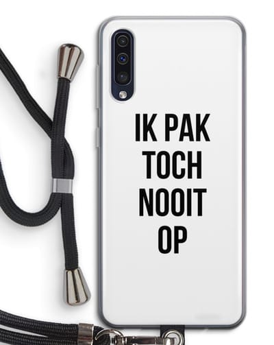 Case Company® - Hoesje met koord geschikt voor Samsung Galaxy A50 hoesje met Koord - Ik pak nooit op - Telefoonhoesje met Zwart Koord - Bescherming aan alle Kanten en Over de Schermrand