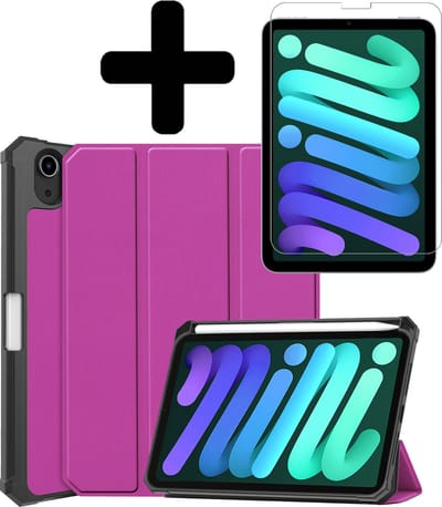 Hoes - Geschikt voor Apple iPad Mini 6 (2021) - 8.3 inch - 6e Generatie - Met Screenprotector - Trifold Bookcase - Hard Cover Case - Met Uitsparing Geschikt voor Apple Pencil - Hardcover Book - Tablet Hoesje - Paars