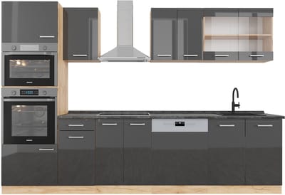 Vicco R-Line Complete keukeneenheid – 300 cm met hoge kast, WB Antraciet Antraciet hoogglans/goud eiken