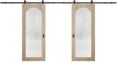 Vente-unique Dubbele schuifdeur met opbouwsysteem in hout en MDF - natuurlijke lichte boog en gehard geribbeld glas - 2 x H205 x B93 cm - ODEZA