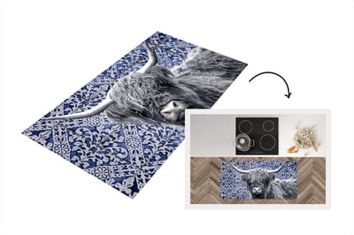 Keukenloper - Loper keuken - Delfts blauw - Schotse hooglander - Zwart - Wit - 120x60 cm - Keukenloper vinyl