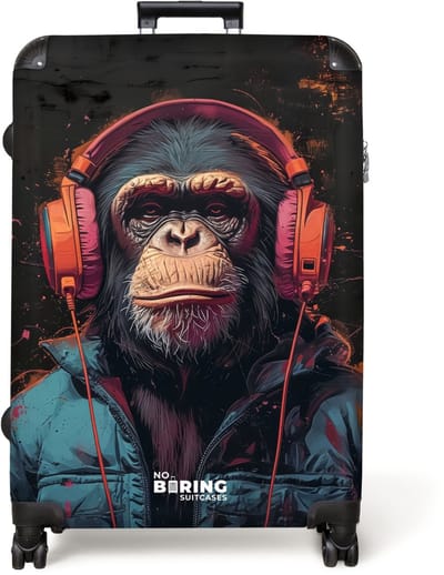 NoBoringSuitcases.com® - Koffer groot - Reiskoffer lichtgewicht - Chimpansee met koptelefoon en blauwe jas - Rolkoffer met 4 wielen - Grote trolley XL - 98 liter bagage