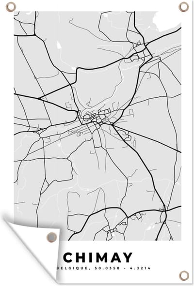 Muurdecoratie Zwart Wit – België – Plattegrond – Stadskaart – Kaart – Chimay - 120x180 cm - Tuinposter - Tuindoek