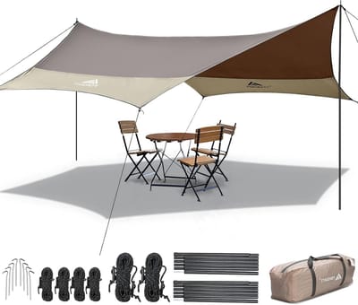 Ultra-light waterdichte tarp 3.7 x 4.3 m met 6 bevestigingspunten voor tent en hangmat, ideaal voor kamperen, wandelen en buitenactiviteiten.