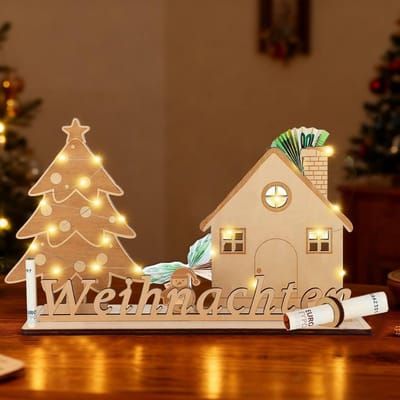 Geldcadeau Kerst - Kerstverpakking - Cadeau Presenteren - Met LED Licht - 3 Meter Snoer - Houtkleur